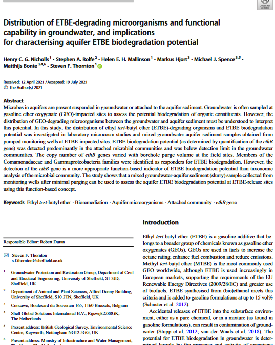 Distribution of ETBE-degrading microorganisms and functional capability in groundwater, and implications for characterising aquifer ETBE biodegradation potential