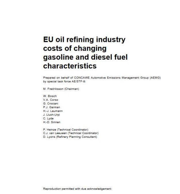 EU oil refining industry costs of changing gasoline and diesel fuel characteristics