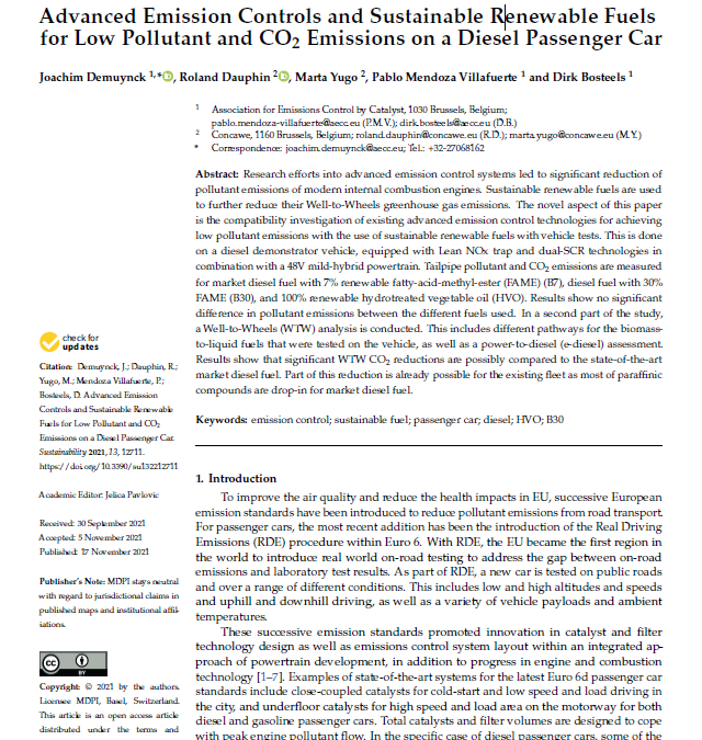 Advanced Emission Controls and Sustainable Renewable Fuels for Low Pollutant and CO2 Emissions on a Diesel Passenger Car