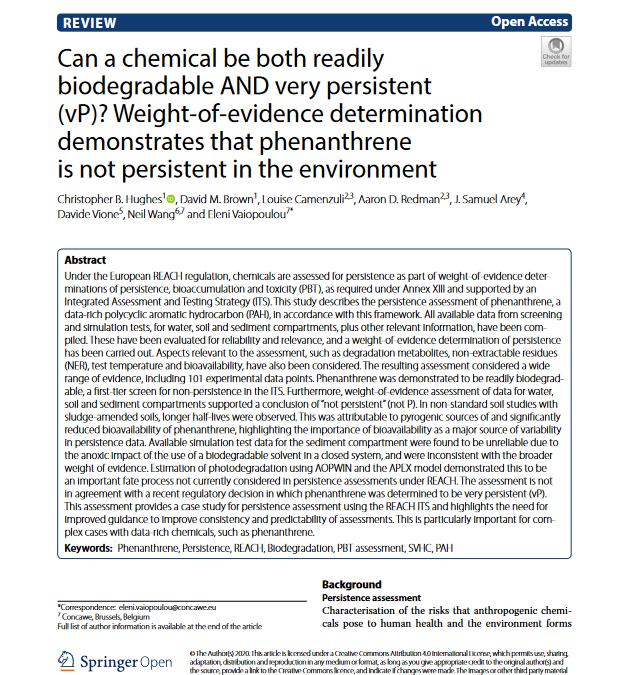 Can a chemical be both readily biodegradable AND very persistent (vP)? Weight-of-evidence determination demonstrates that phenanthrene is not persistent in the environment