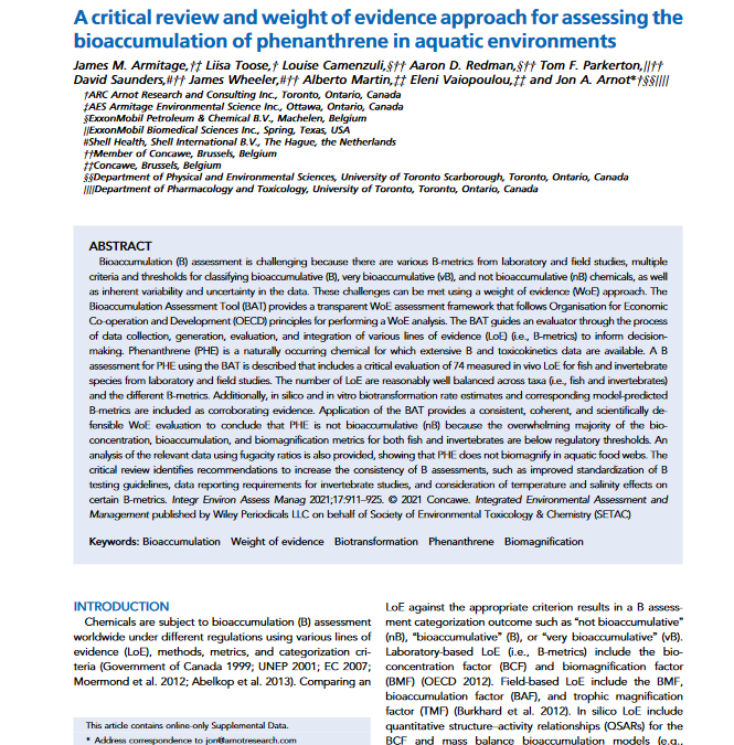 A critical review and weight of evidence approach for assessing the bioaccumulation of phenanthrene in aquatic environments