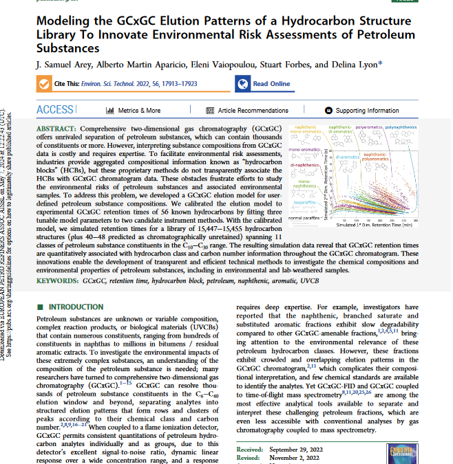 Modeling the GCxGC elution patterns of a hydrocarbon structure library to innovate environmental risk assessments of petroleum substances