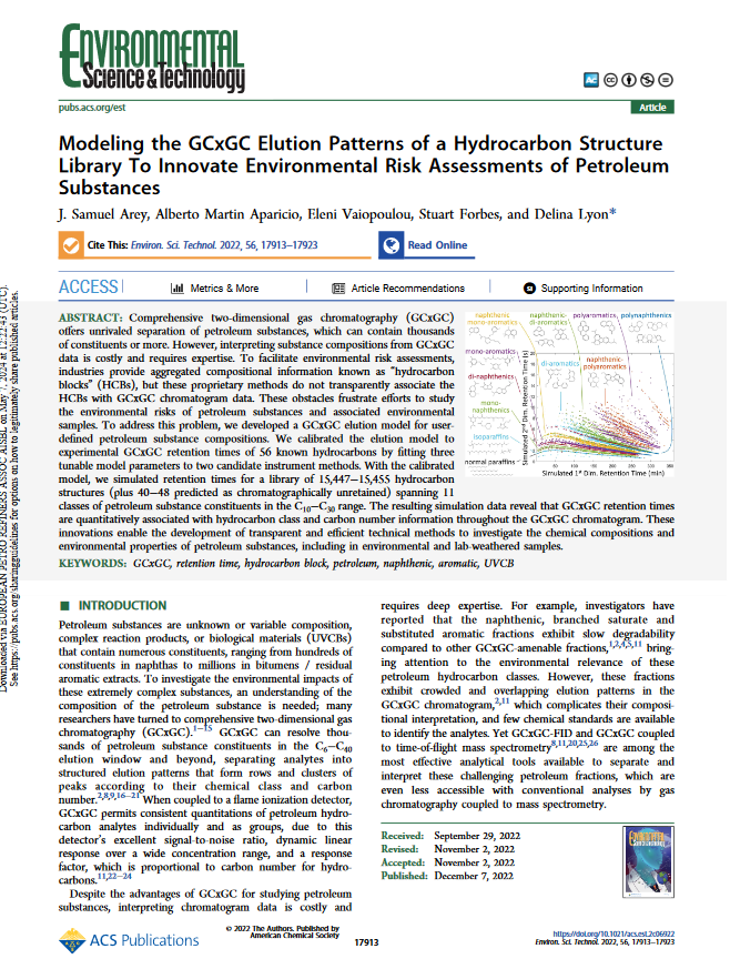 Modeling the GCxGC elution patterns of a hydrocarbon structure library to innovate environmental risk assessments of petroleum substances