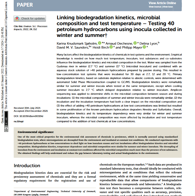 Linking biodegradation kinetics, microbial composition and test temperature – Testing 40 petroleum hydrocarbons using inocula collected in winter and summer