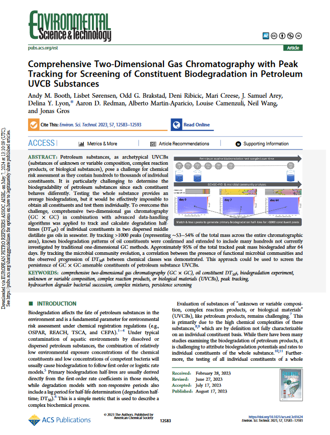 Comprehensive two-dimensional gas chromatography with peak tracking for screening of constituent biodegradation in Petroleum UVCB Substances