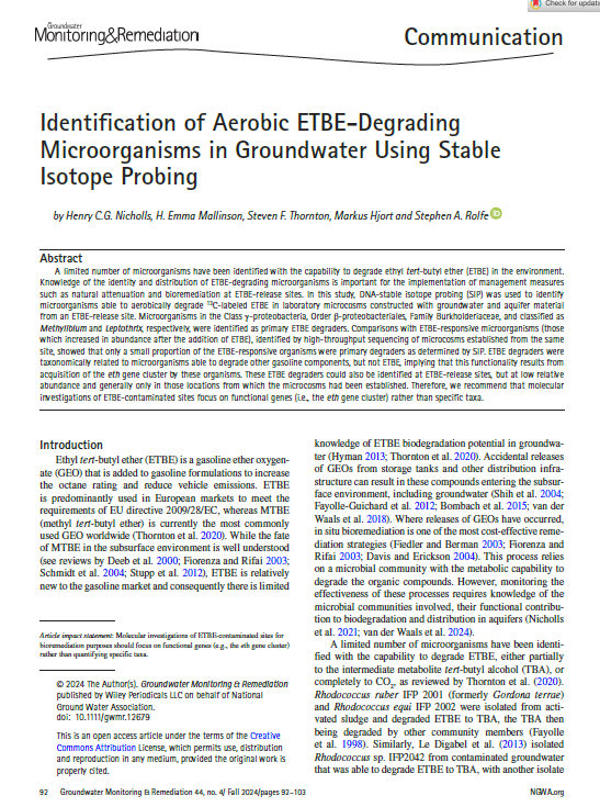 Identification of Aerobic ETBE-Degrading Microorganisms in Groundwater Using Stable Isotope Probing