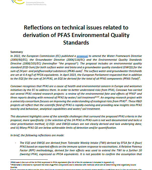 Reflections on technical issues related to derivation of PFAS Environmental Quality Standards