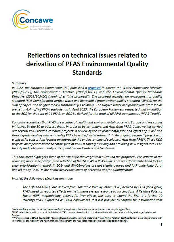 Reflections on technical issues related to derivation of PFAS Environmental Quality Standards