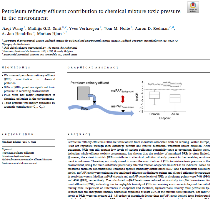 Petroleum refinery effluent contribution to chemical mixture toxic pressure in the environment